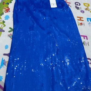 ZARA Cobalt Blue Sequin Long Midi Skirt